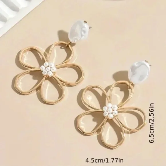 Gold-Tone Floral Drop Earrings with Faux Pearl Accents - Picture 5 of 5